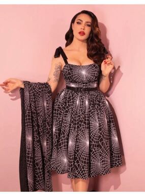 Vixen 1950s Swing Dress and Scarf in Spiderweb Spooky Glory - XS